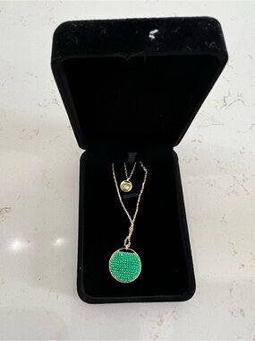 NEW Swarovski double chained Gold Necklace with Green Pavé Disc Pendant